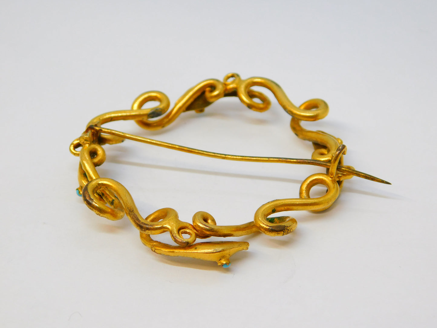 Victorian 9ct Yellow Gold & Turquoise Entwined Snake Brooch Antique c1860
