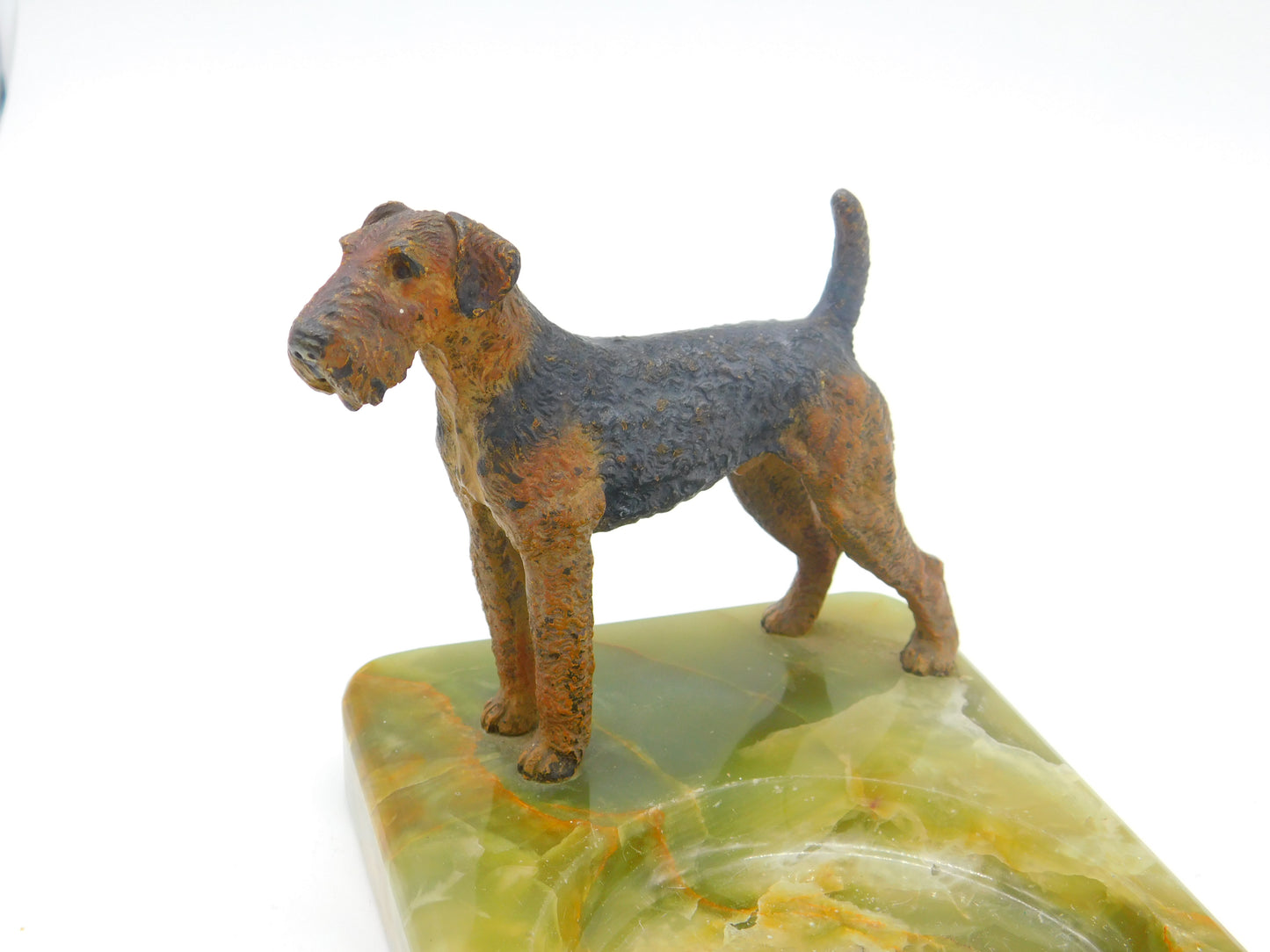 Edwardian Cold Painted Bronze Airedale Dog & Green Onyx Ashtray Antique c1910