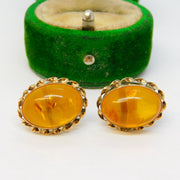 9ct Yellow Gold Cabochon Baltic Amber Set Stud Earrings Vintage c1970