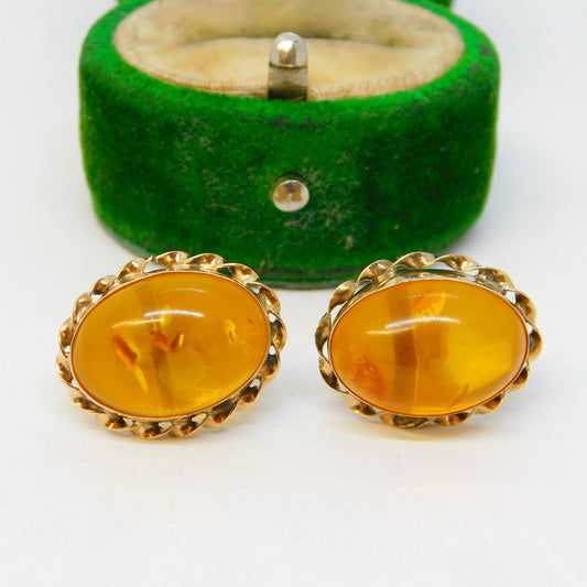 9ct Yellow Gold Cabochon Baltic Amber Set Stud Earrings Vintage c1970