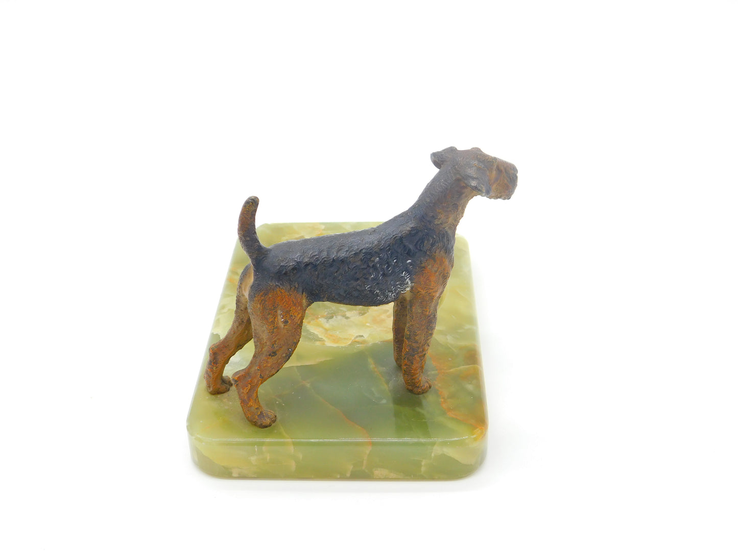 Edwardian Cold Painted Bronze Airedale Dog & Green Onyx Ashtray Antique c1910