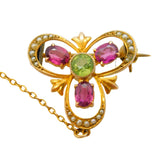Victorian 9ct Gold, Peridot, Garnet & Seed Pearl Lucky Clover Brooch Antique