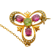 Victorian 9ct Gold, Peridot, Garnet & Seed Pearl Lucky Clover Brooch Antique