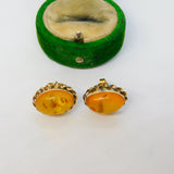 9ct Yellow Gold Cabochon Baltic Amber Set Stud Earrings Vintage c1970