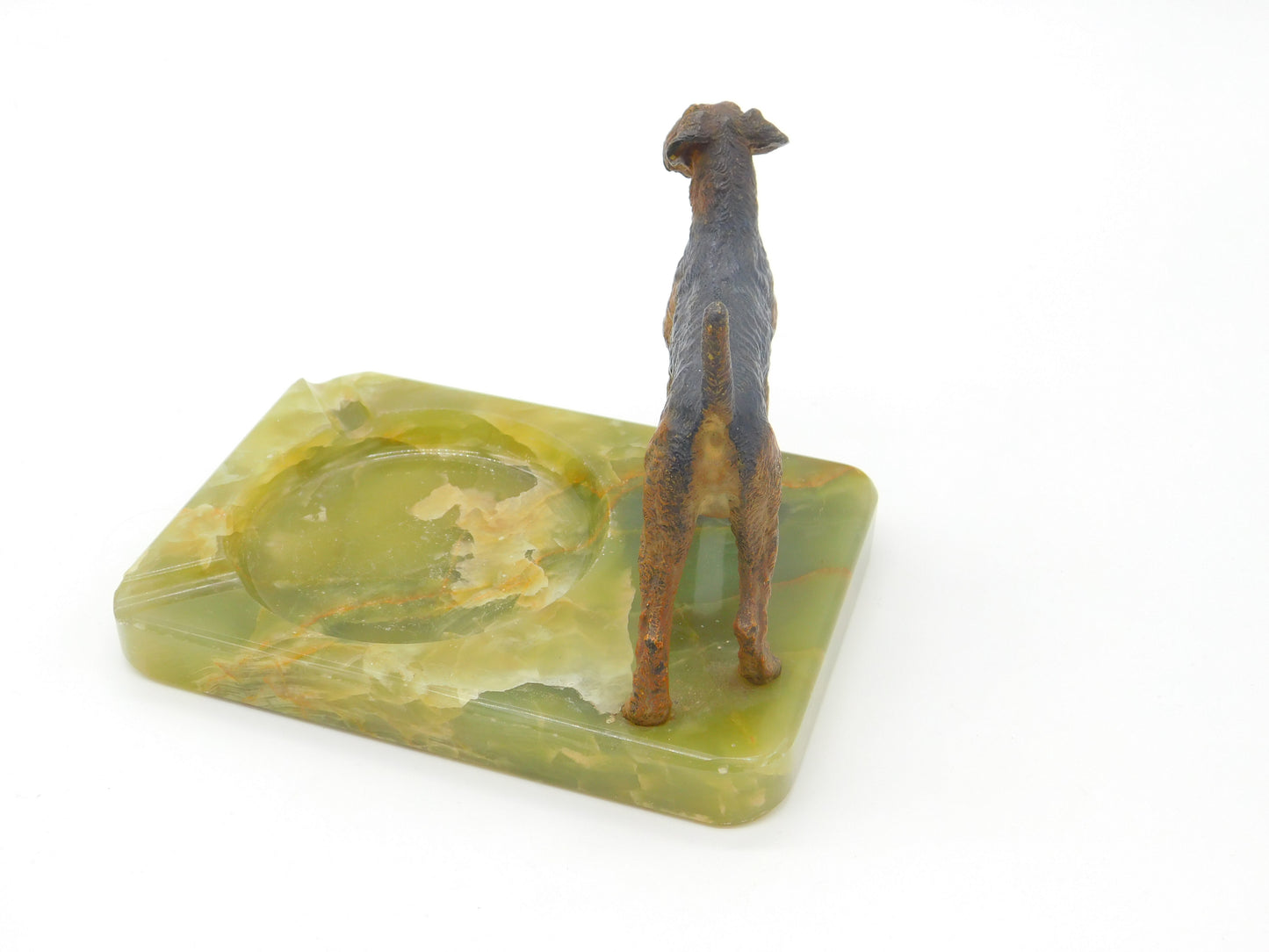 Edwardian Cold Painted Bronze Airedale Dog & Green Onyx Ashtray Antique c1910