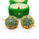 Victorian 15ct Gold, Turquoise & Rose Cut Diamond Hook Earrings Antique c1860