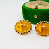9ct Yellow Gold Cabochon Baltic Amber Set Stud Earrings Vintage c1970