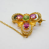 Victorian 9ct Gold, Peridot, Garnet & Seed Pearl Lucky Clover Brooch Antique