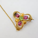 Victorian 9ct Gold, Peridot, Garnet & Seed Pearl Lucky Clover Brooch Antique