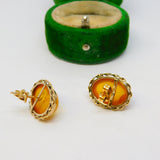 9ct Yellow Gold Cabochon Baltic Amber Set Stud Earrings Vintage c1970
