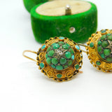 Victorian 15ct Gold, Turquoise & Rose Cut Diamond Hook Earrings Antique c1860