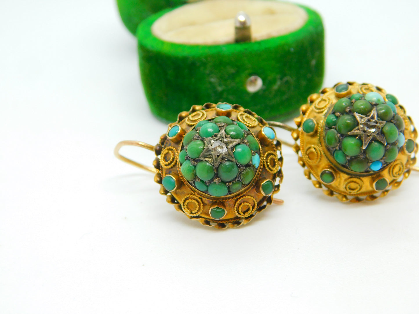 Victorian 15ct Gold, Turquoise & Rose Cut Diamond Hook Earrings Antique c1860