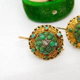 Victorian 15ct Gold, Turquoise & Rose Cut Diamond Hook Earrings Antique c1860