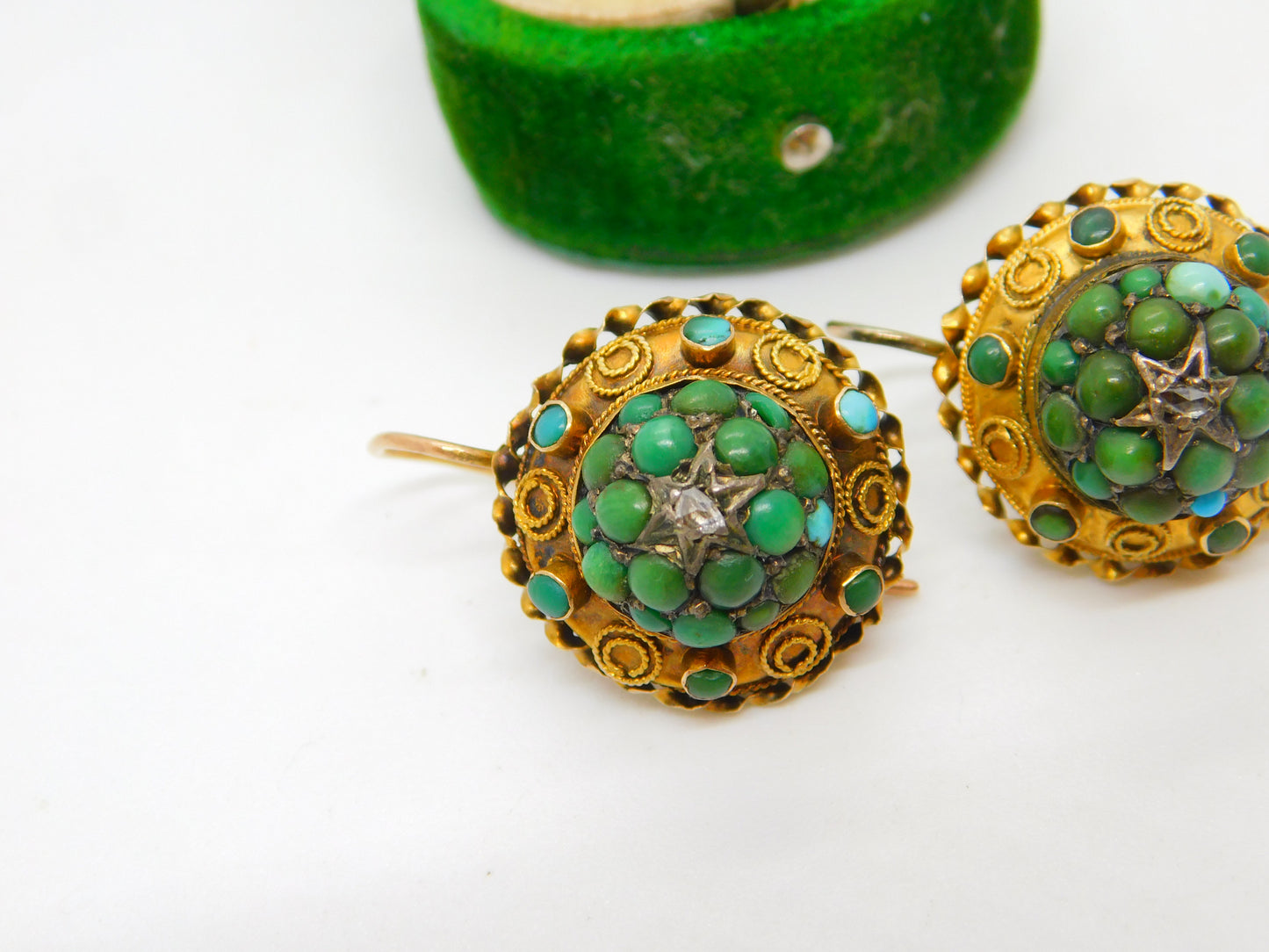 Victorian 15ct Gold, Turquoise & Rose Cut Diamond Hook Earrings Antique c1860