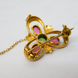 Victorian 9ct Gold, Peridot, Garnet & Seed Pearl Lucky Clover Brooch Antique