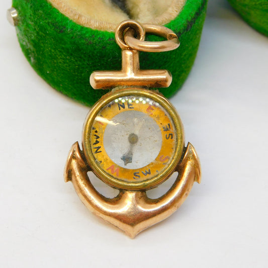 Victorian 9ct Gold Anchor of Hope Compass Set Sweetheart Pendant Antique c1890
