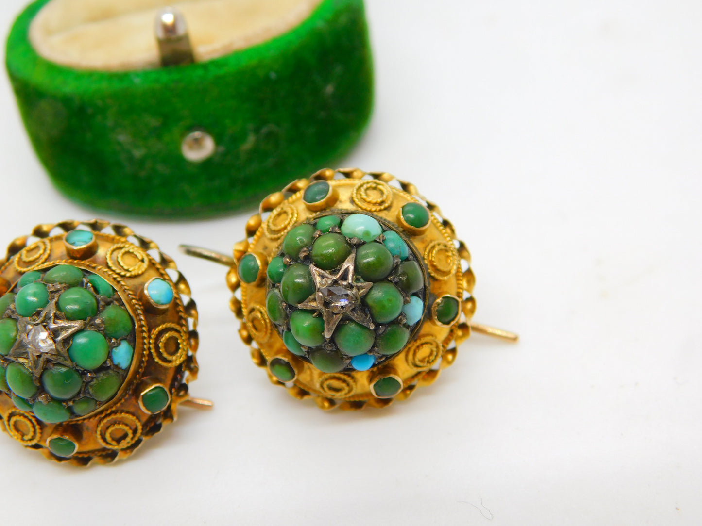 Victorian 15ct Gold, Turquoise & Rose Cut Diamond Hook Earrings Antique c1860