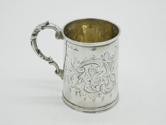 Victorian Sterling Silver Floral Christening Mug Tankard Antique 1865 London