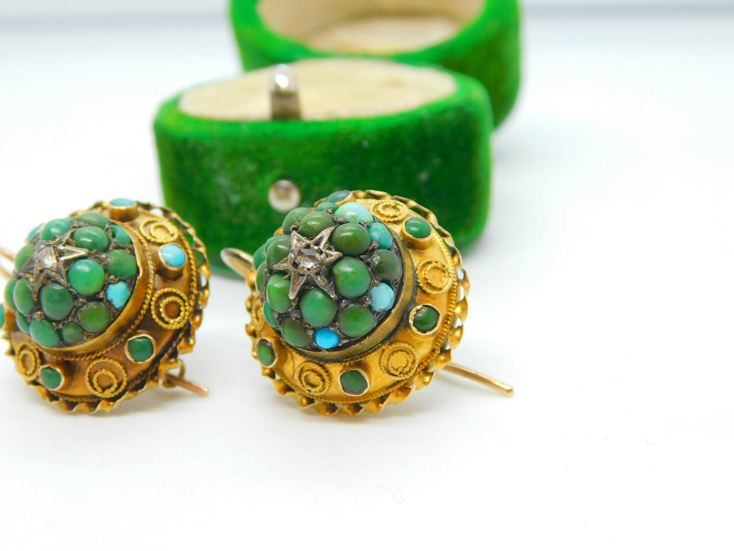 Victorian 15ct Gold, Turquoise & Rose Cut Diamond Hook Earrings Antique c1860