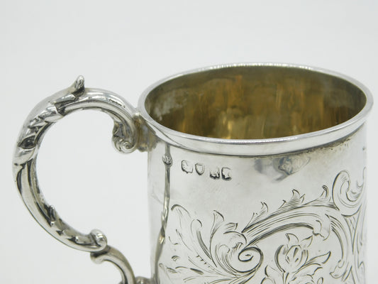 Victorian Sterling Silver Floral Christening Mug Tankard Antique 1865 London