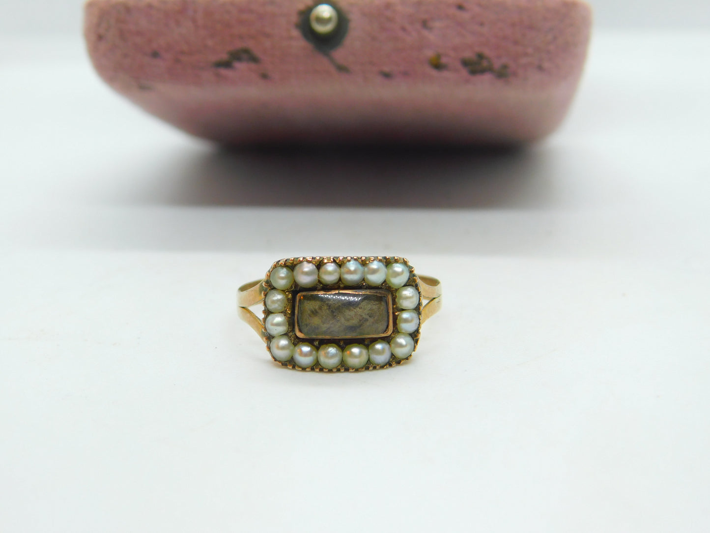 Georgian 9ct Rose Gold, Seed Pearl & Hair Weave Mourning Ring Antique c1800