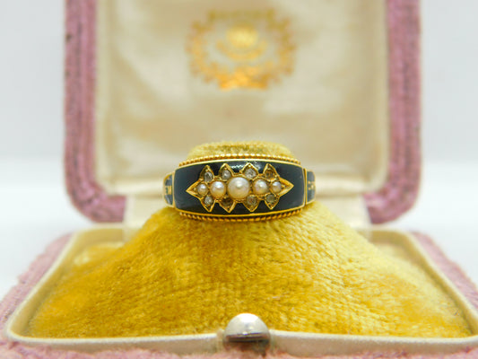 Edwardian 15ct Gold, Black Enamel, Seed Pearl & Diamond 'Memory' Mourning Ring 1906 Chester