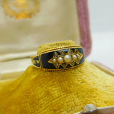 Edwardian 15ct Gold, Black Enamel, Seed Pearl & Diamond 'Memory' Mourning Ring 1906 Chester