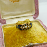 Edwardian 15ct Gold, Black Enamel, Seed Pearl & Diamond 'Memory' Mourning Ring 1906 Chester