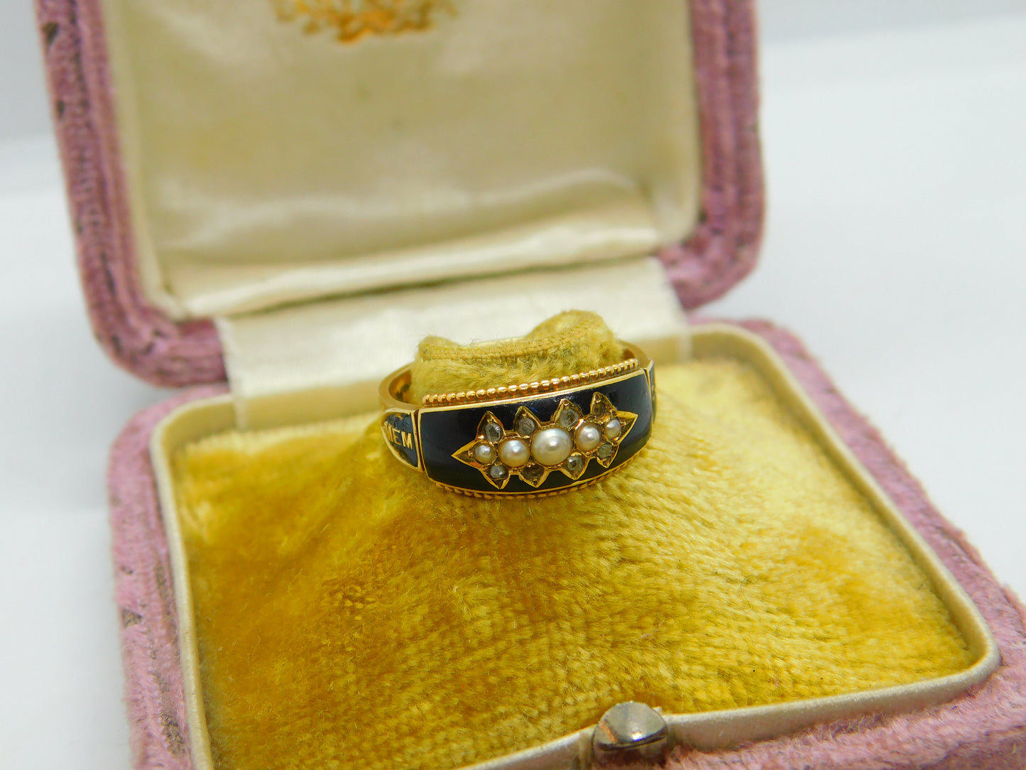 Edwardian 15ct Gold, Black Enamel, Seed Pearl & Diamond 'Memory' Mourning Ring 1906 Chester