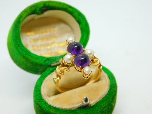 18ct Yellow Gold, Cabochon Amethyst & Pearl Dress Ring Antique c1920 Art Deco