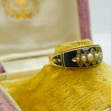 Edwardian 15ct Gold, Black Enamel, Seed Pearl & Diamond 'Memory' Mourning Ring 1906 Chester