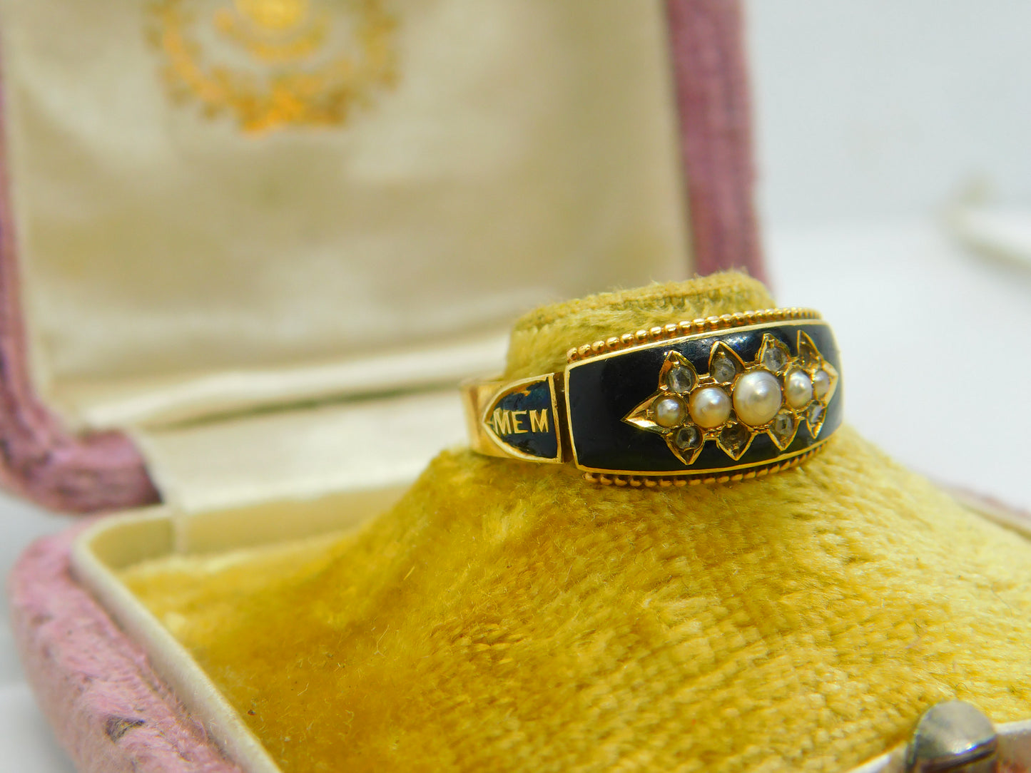 Edwardian 15ct Gold, Black Enamel, Seed Pearl & Diamond 'Memory' Mourning Ring 1906 Chester