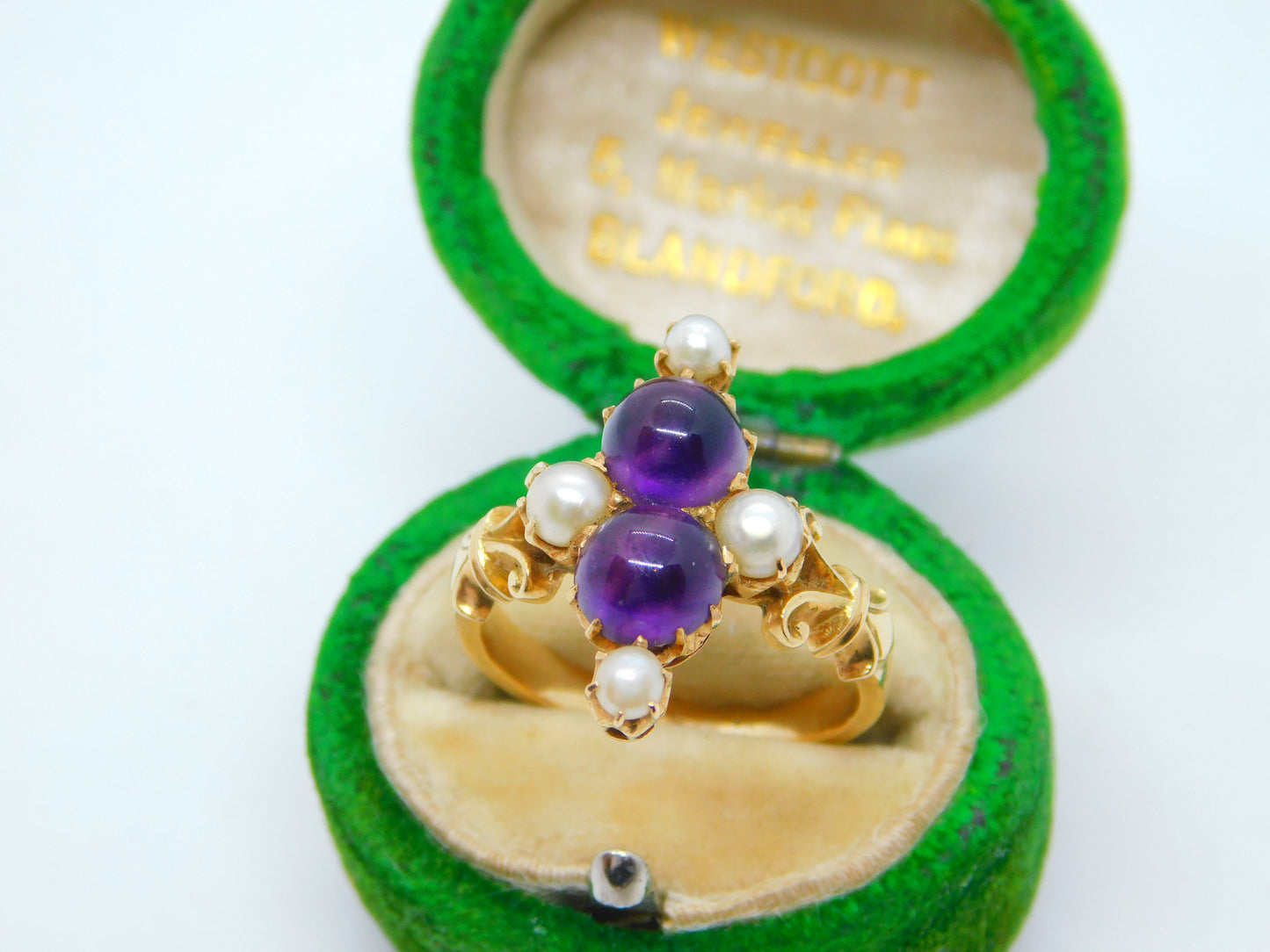 18ct Yellow Gold, Cabochon Amethyst & Pearl Dress Ring Antique c1920 Art Deco