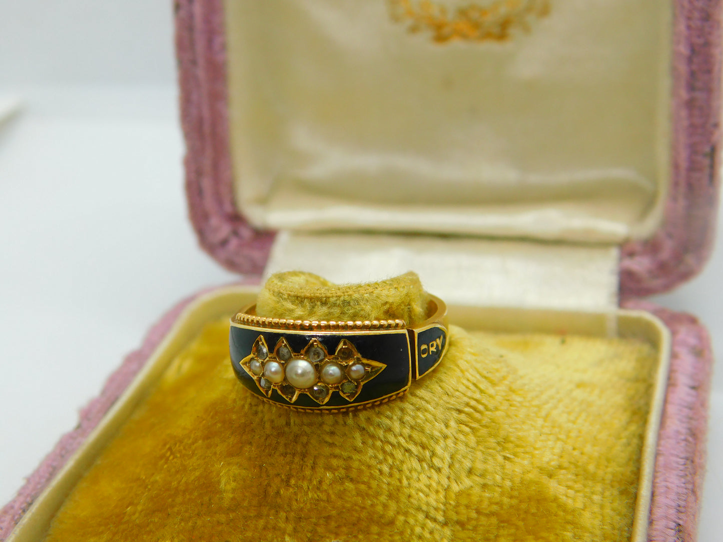 Edwardian 15ct Gold, Black Enamel, Seed Pearl & Diamond 'Memory' Mourning Ring 1906 Chester