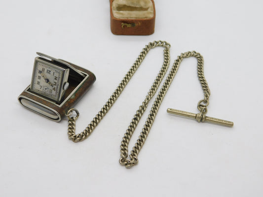 Silver Plated Propelling Pocket Watch on Albert Watch Chain Antique c1920