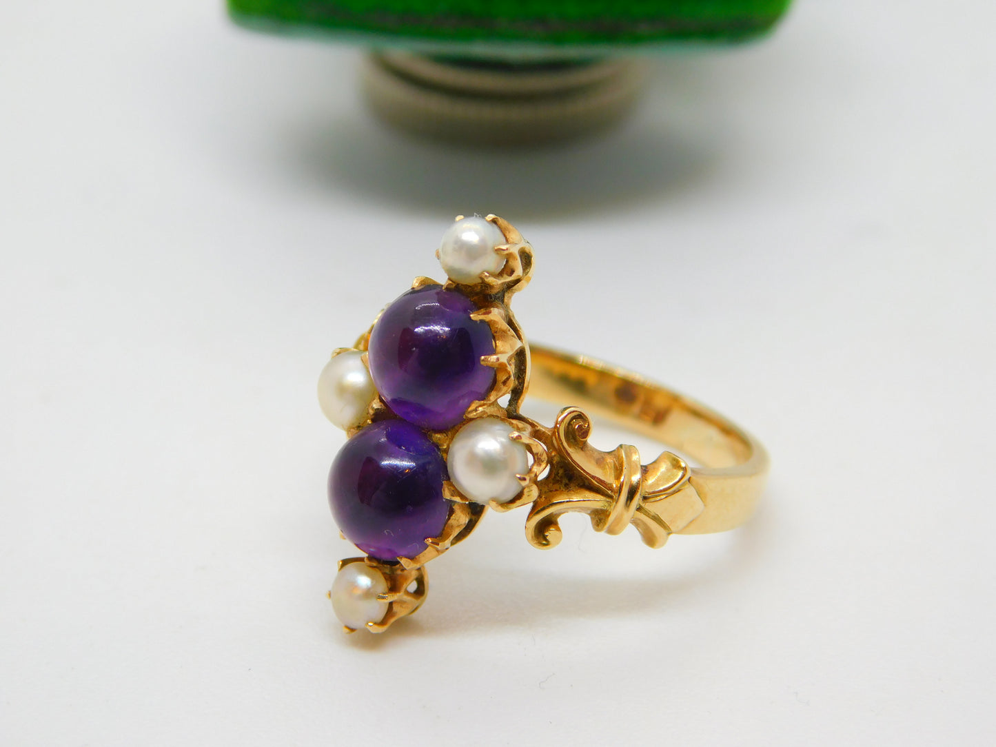 18ct Yellow Gold, Cabochon Amethyst & Pearl Dress Ring Antique c1920 Art Deco