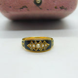 Edwardian 15ct Gold, Black Enamel, Seed Pearl & Diamond 'Memory' Mourning Ring 1906 Chester