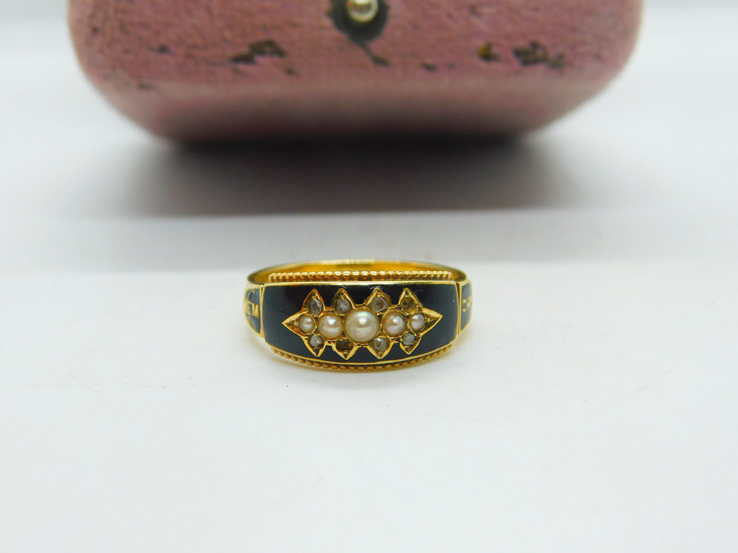 Edwardian 15ct Gold, Black Enamel, Seed Pearl & Diamond 'Memory' Mourning Ring 1906 Chester