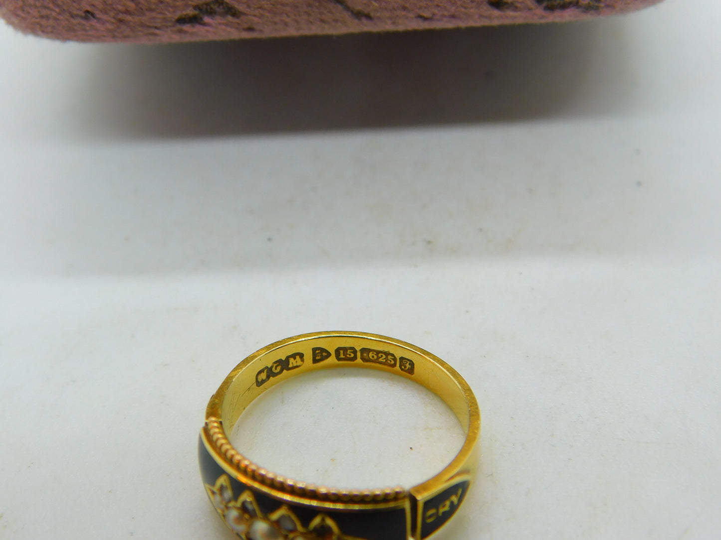 Edwardian 15ct Gold, Black Enamel, Seed Pearl & Diamond 'Memory' Mourning Ring 1906 Chester