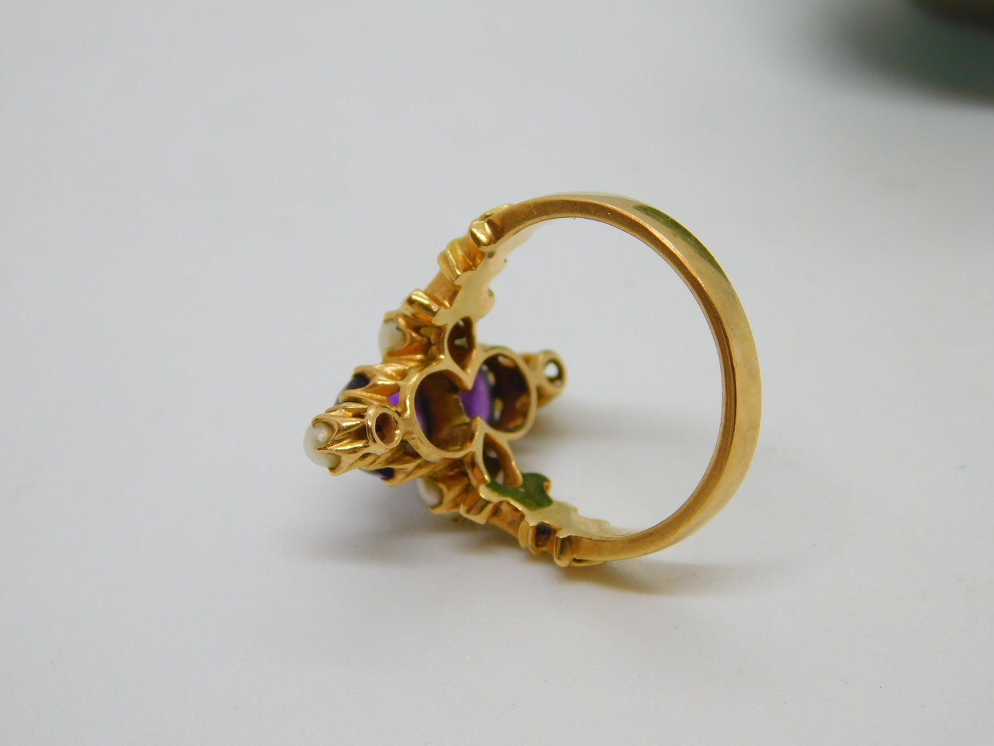 18ct Yellow Gold, Cabochon Amethyst & Pearl Dress Ring Antique c1920 Art Deco