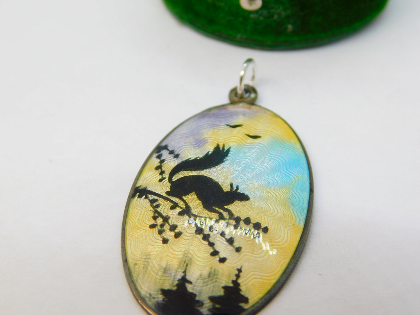 Norway Sterlong Silver Guilloche Enamel Squirrel Sunset Pendant Antique c1930