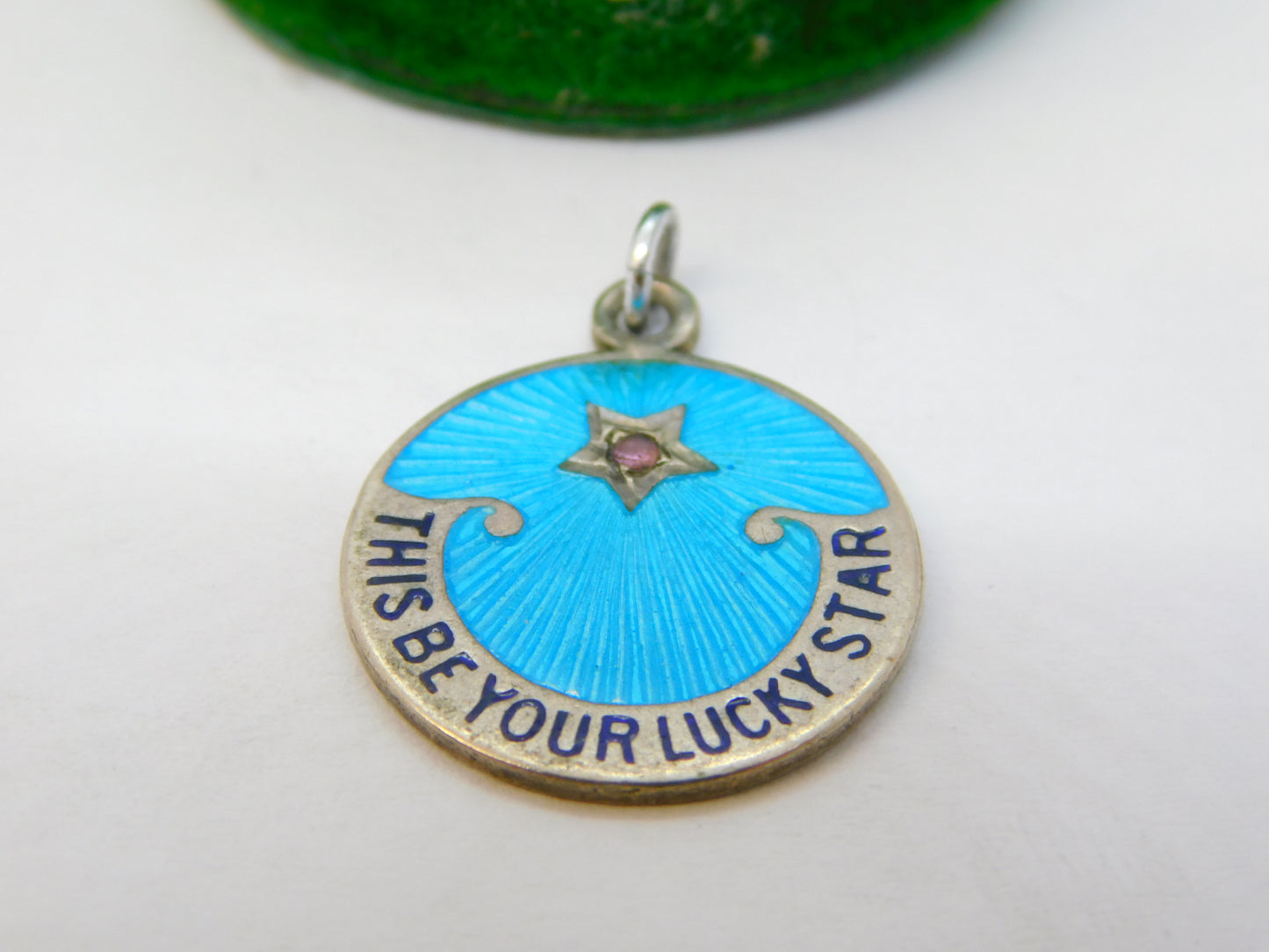 19th Century Sterling Silver Guilloche Enamel 'This Be Your Lucky Star' Pendant c1900