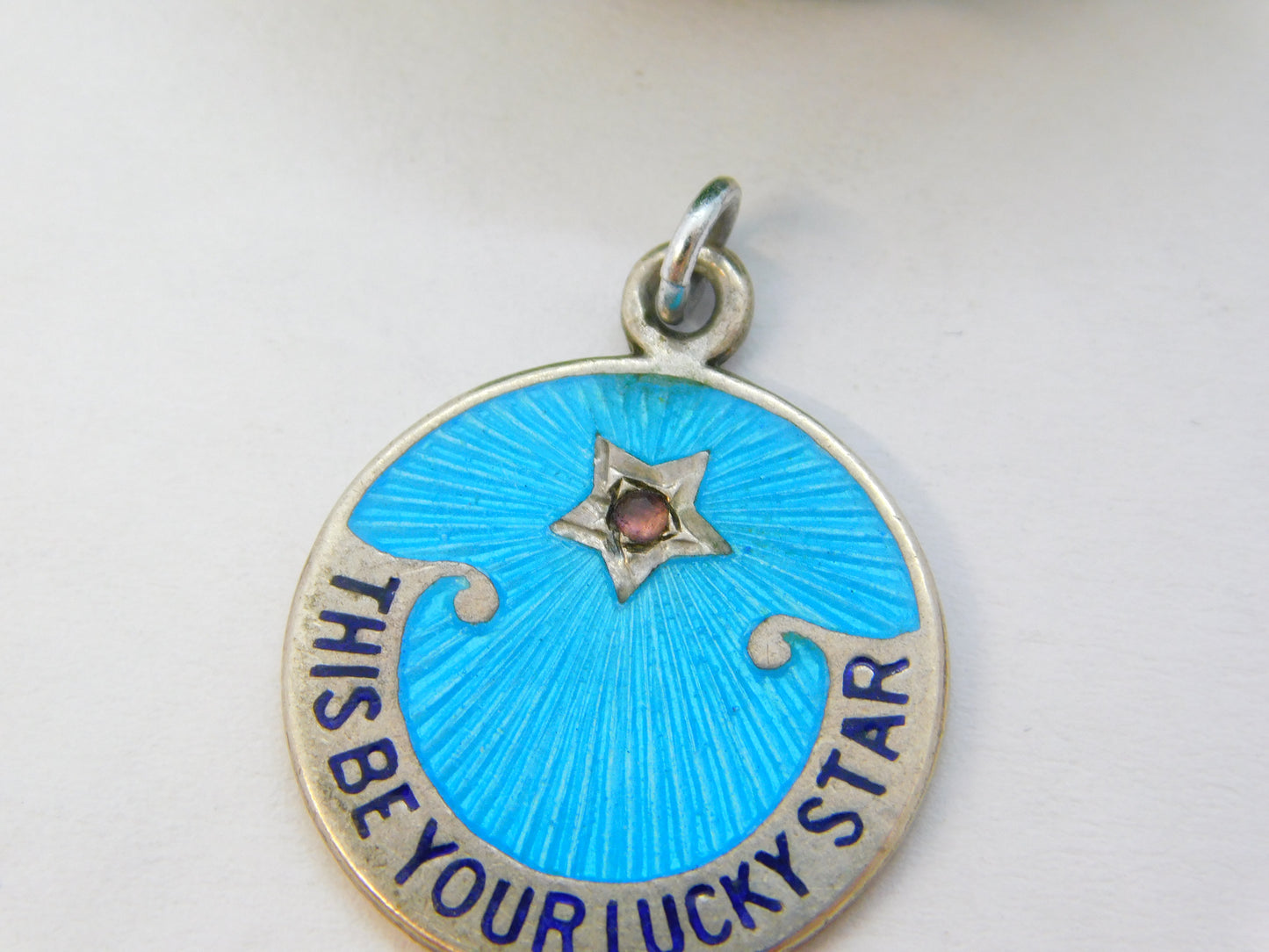 19th Century Sterling Silver Guilloche Enamel 'This Be Your Lucky Star' Pendant c1900