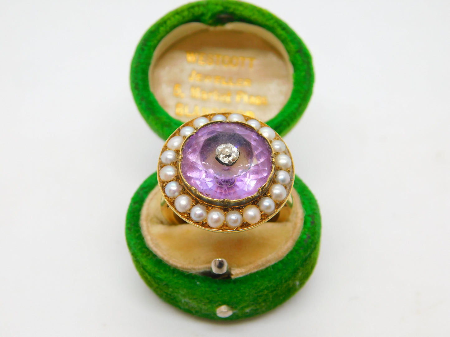 George III 18ct Yellow Gold, Pearl, Amethyst & Diamond Target Ring Antique c1820