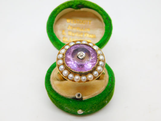 George III 18ct Yellow Gold, Pearl, Amethyst & Diamond Target Ring Antique c1820