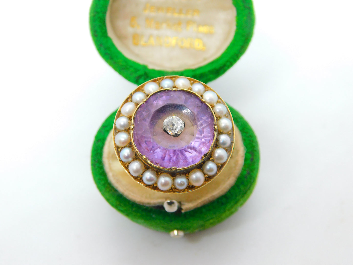 George III 18ct Yellow Gold, Pearl, Amethyst & Diamond Target Ring Antique c1820