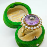 George III 18ct Yellow Gold, Pearl, Amethyst & Diamond Target Ring Antique c1820
