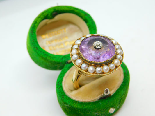 George III 18ct Yellow Gold, Pearl, Amethyst & Diamond Target Ring Antique c1820