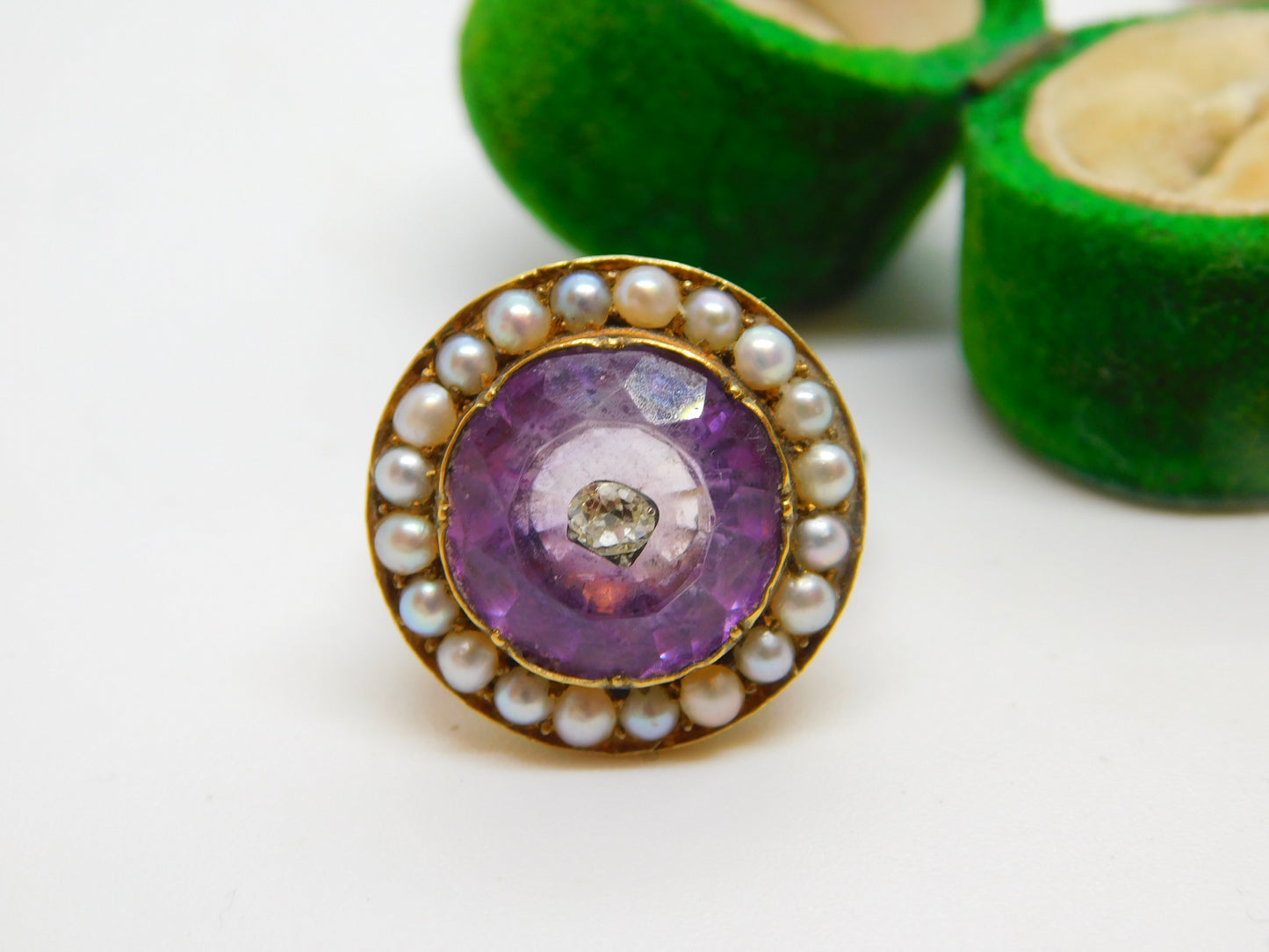 George III 18ct Yellow Gold, Pearl, Amethyst & Diamond Target Ring Antique c1820