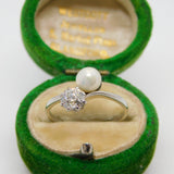 Platinum 0.6ct Claw Set European Cut Diamond & Pearl Crossover Ring Antique Art Deco